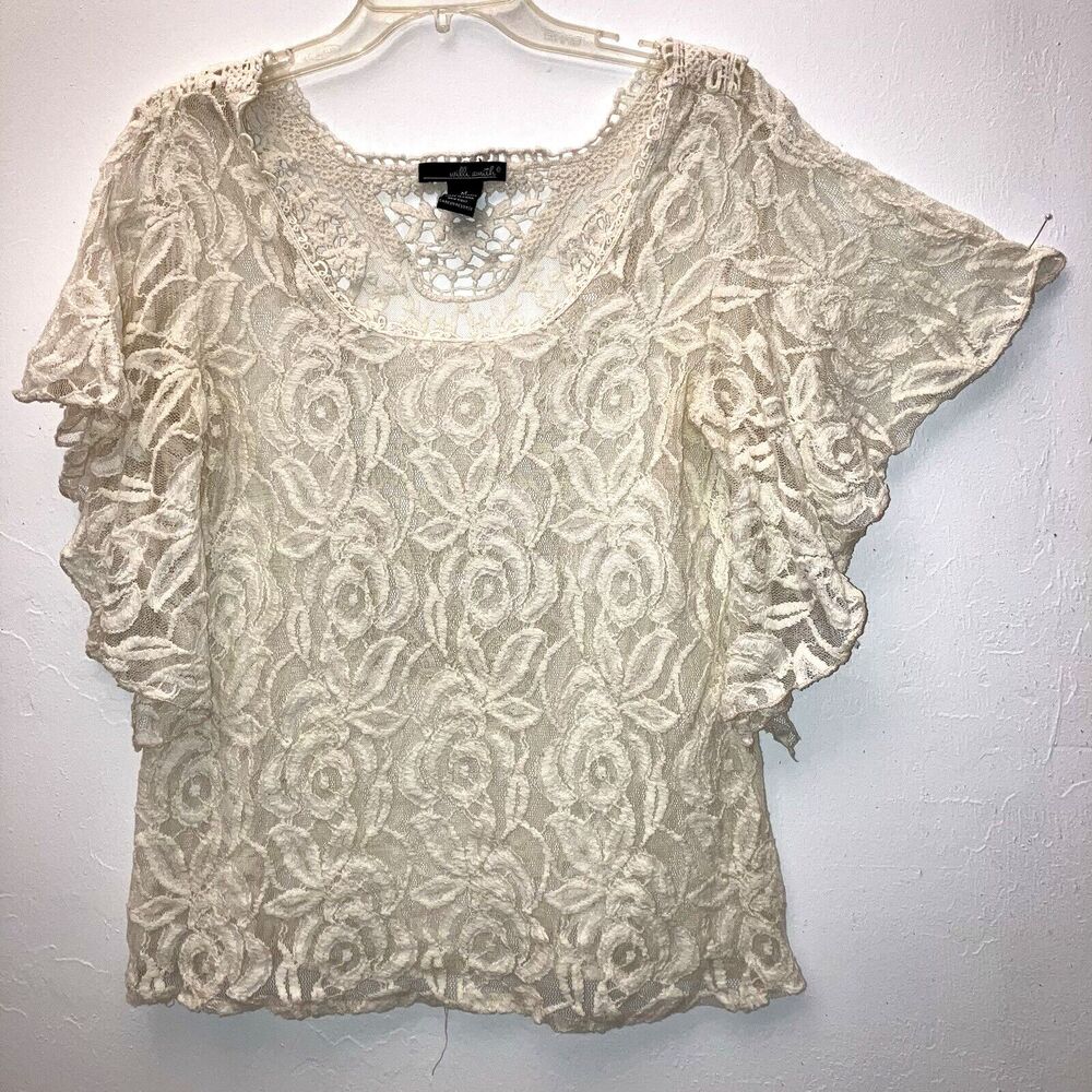 WILLI SMITH sz M Neutral Beige Lace Crochet Angel Flowy Sleeve Top Breathable